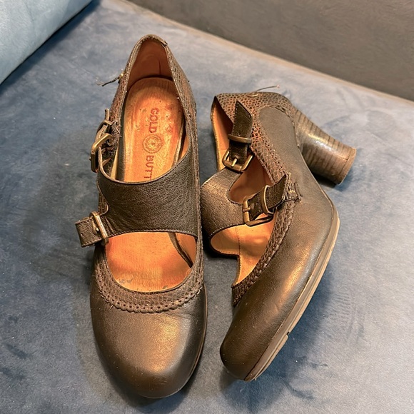 Gold Button black and brown leather Mary Jane pumps -us 8 - Picture 1 of 8